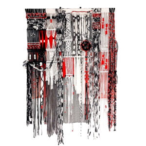fibre-art, textile-art, wall-art, black-white-and-red, marijke-mulder