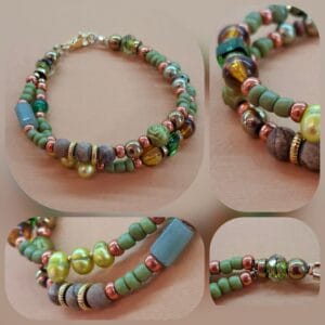 bracelet, bracelet-double-rang, bracelet-vert, perle-eau-douce, hématite, lampwork, perle-au-chalumeau, quartz-naturel, céramique, inox-doré, bijoux-marijke, entrevaux, verdon-tourisme,